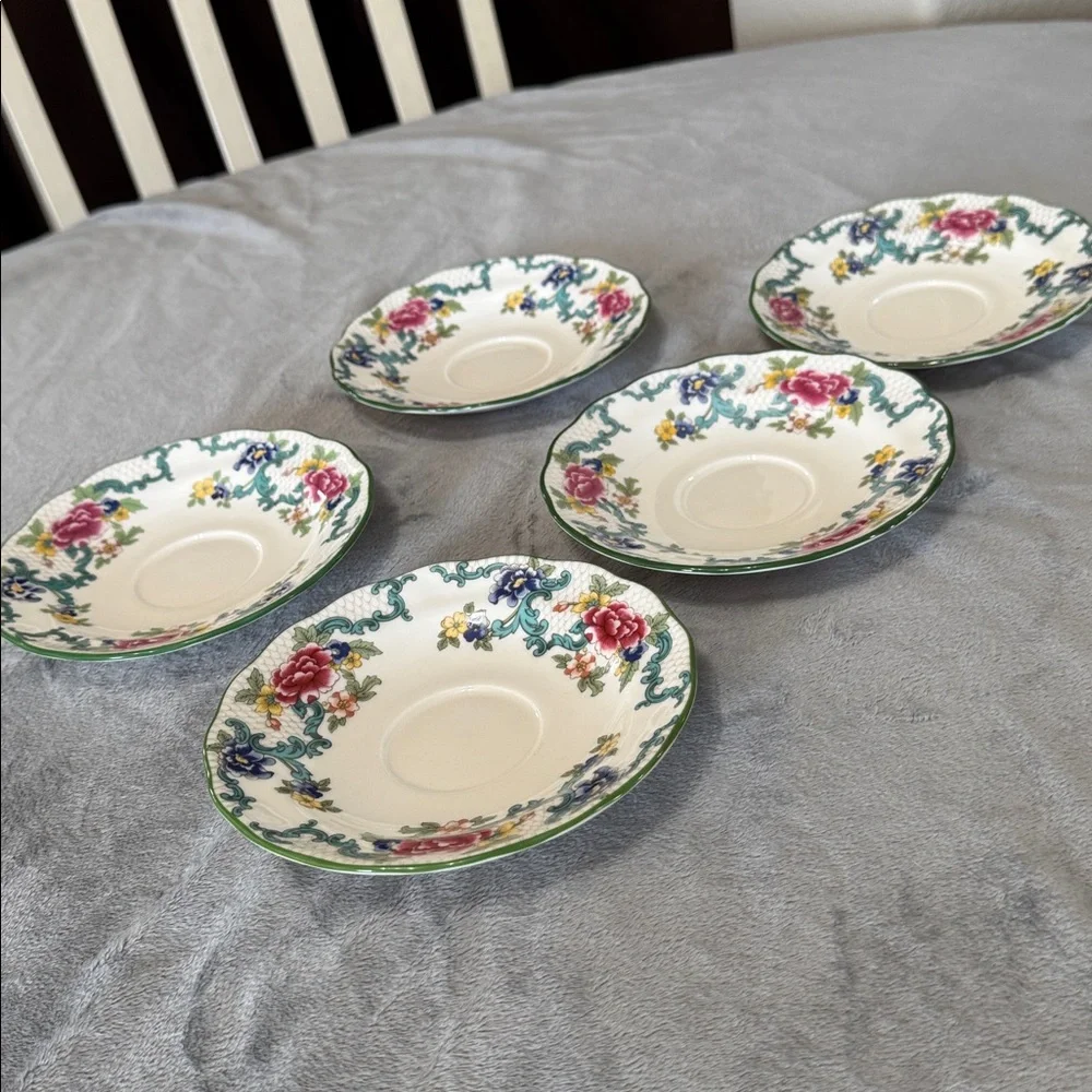 Royal Doulton Floradora Green 1981 Tea Cup Saucer Set of 5 Fine China‎ Vintage
